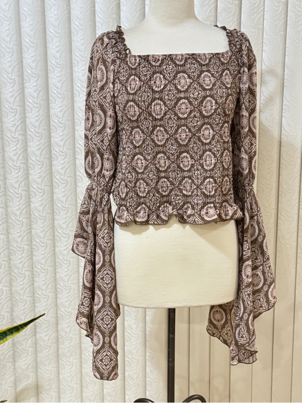 Hope's Brown Paisley Smocked Square-Neck Blouse